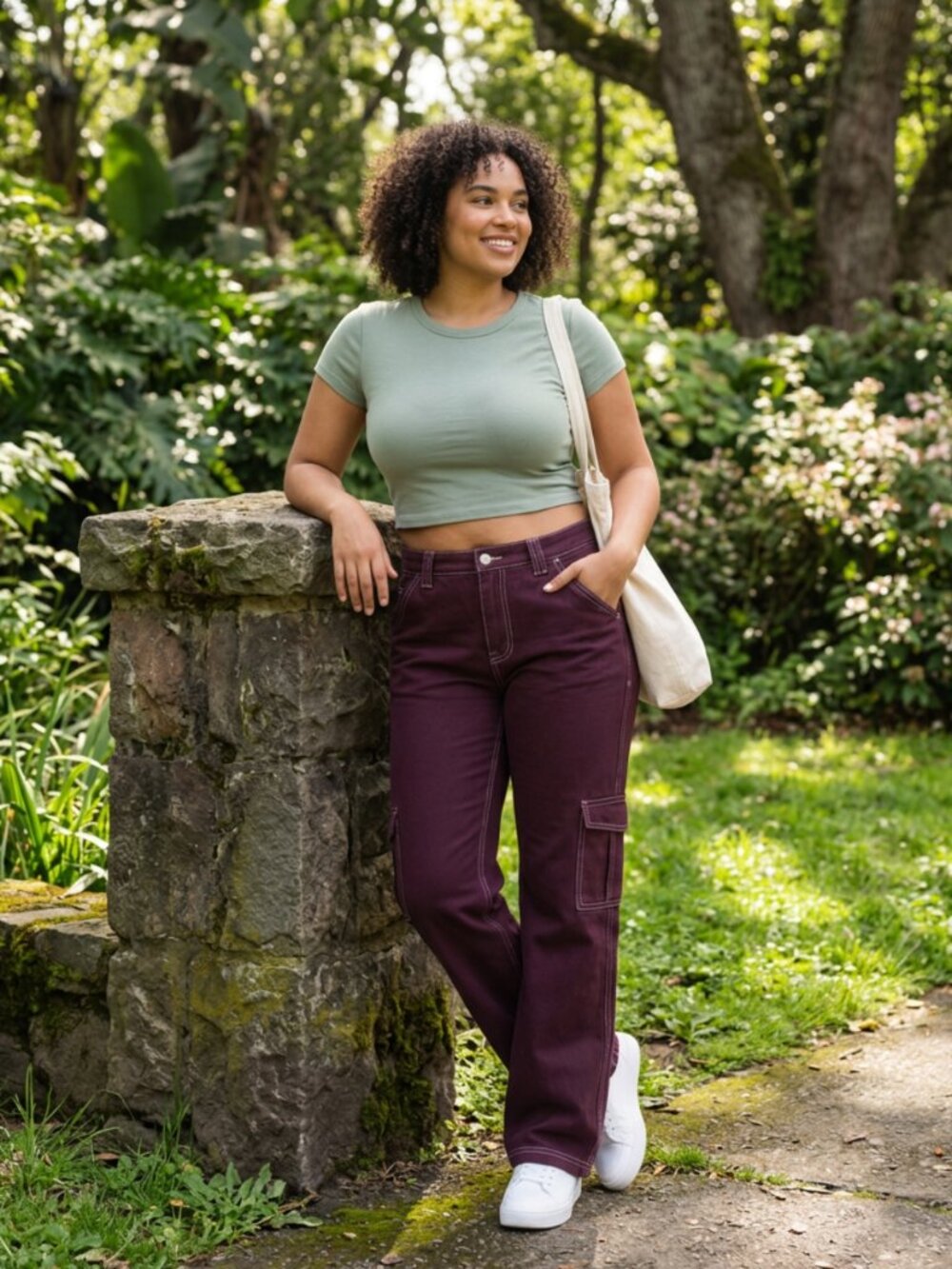 Almost Famous Women Burgundy Cargo Pants Size S High Rise Stretch